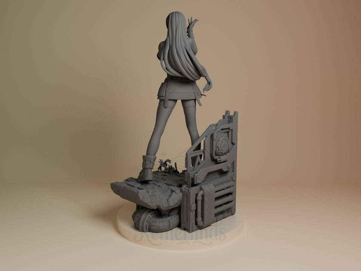 Tifa Lockhart resin figure shown from rear left angle, standing on detailed base with machinery prop, long hair flowing, unpainted gray resin.