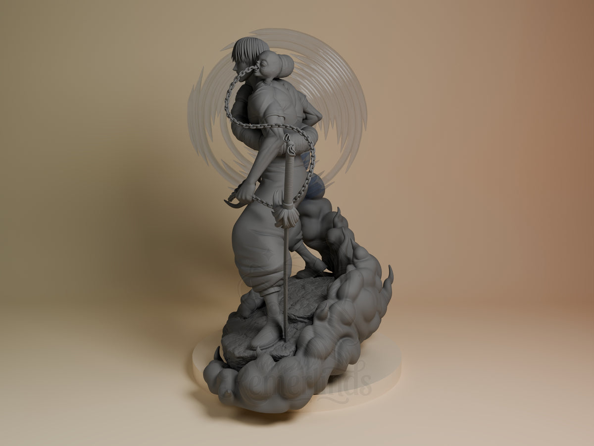Toji resin figure from Jujutsu Kaisen shown at angle, unpainted gray, dynamic pose on cloud base with chain details and swirling backdrop effect.