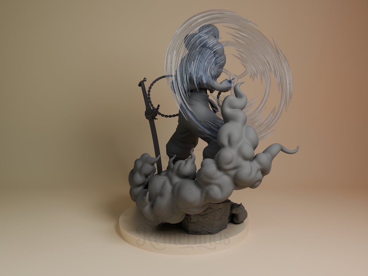 Toji resin figure from Jujutsu Kaisen shown from back view, unpainted grey, mid-action pose with sword and flowing hair detail on cloud base.