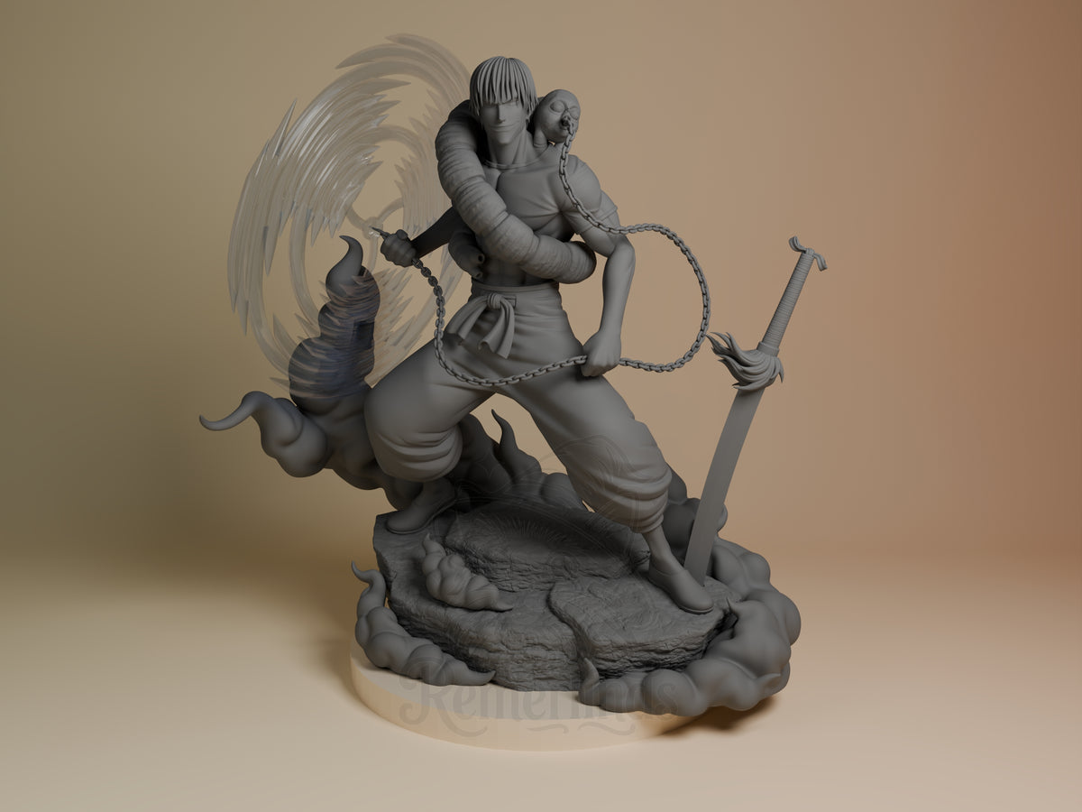 Toji 3D resin figure from Jujutsu Kaisen shown from front angle, unpainted gray, dynamic pose with wings and weapons on rocky cloud base.