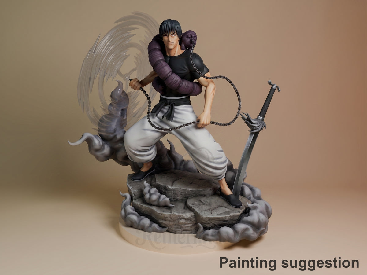 Toji resin figure in dynamic pose on rocky base, holding chains and sword, purple wrapping and white pants, painted with feathered wings detail behind.