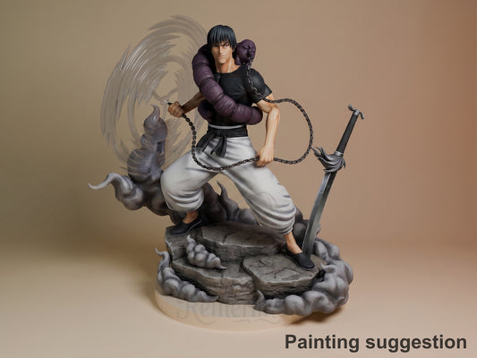 Toji resin figure in dynamic pose on rocky base, holding chains and sword, purple wrapping and white pants, painted with feathered wings detail behind.