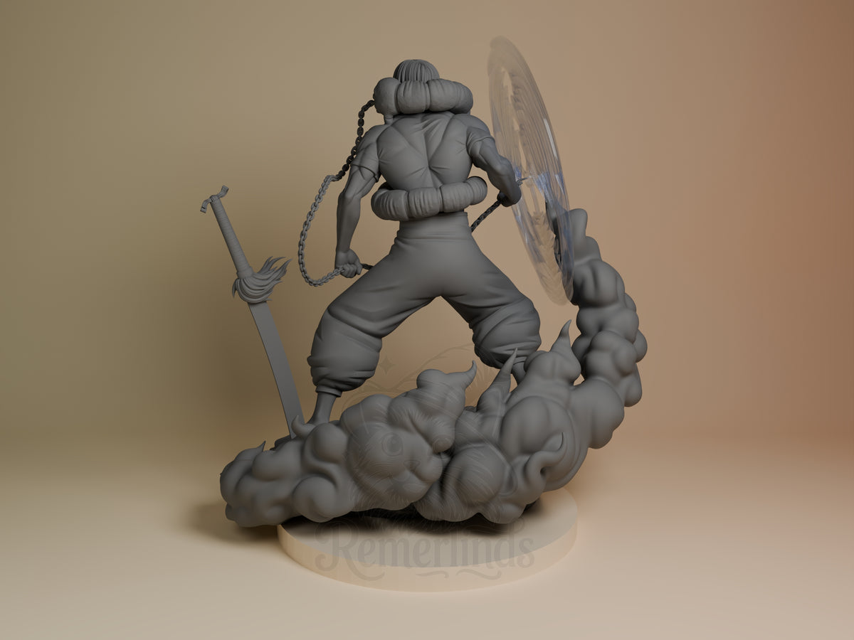 Toji resin figure from Jujutsu Kaisen shown from left side in dynamic pose on cloudy base, unpainted gray prototype with detailed sculpting.