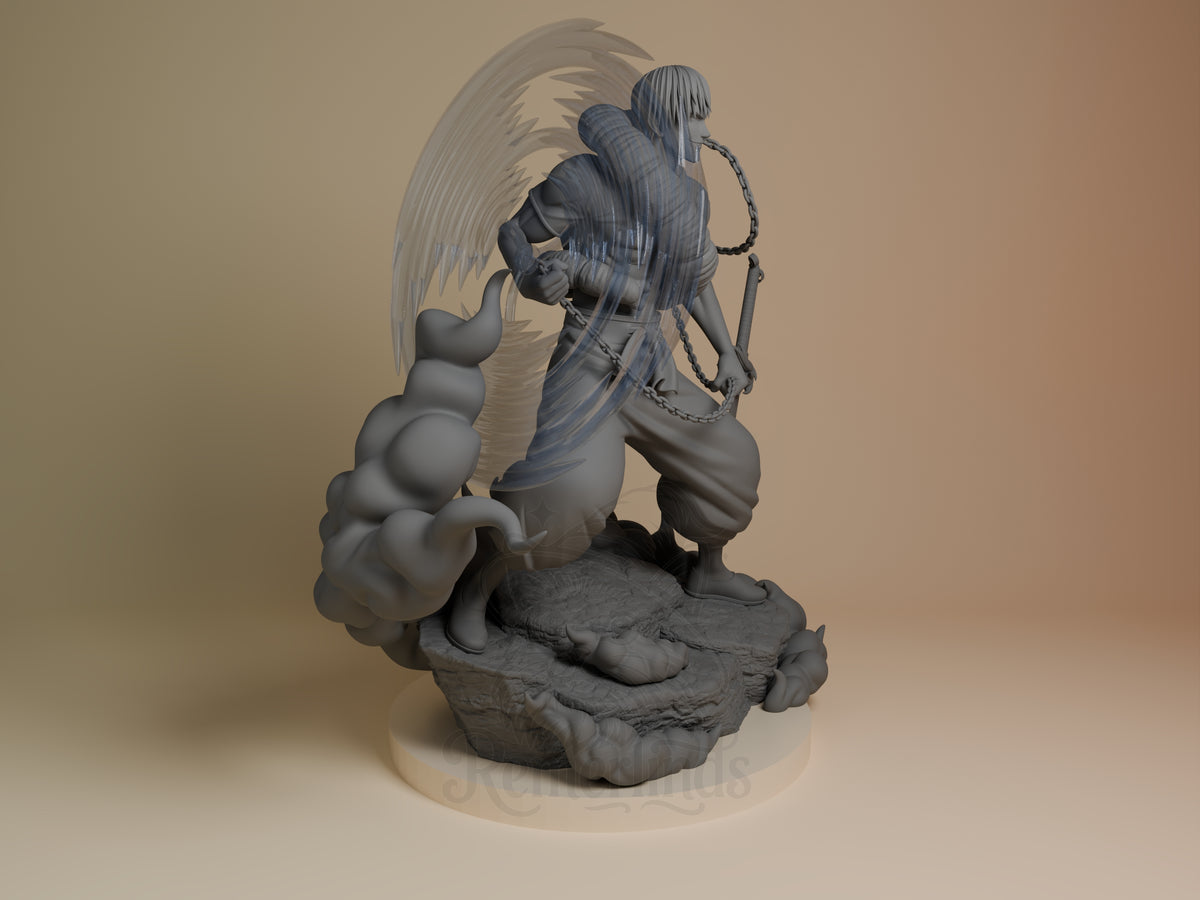 Toji resin figure from Jujutsu Kaisen shown from right profile angle, standing on rocky base with detailed hair sculpting and chain accessories, unpainted gray finish.