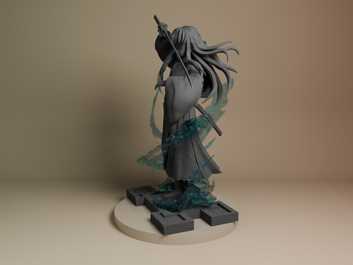 Tokito from Demon Slayer appears in profile as an unpainted resin figure with sword and base.