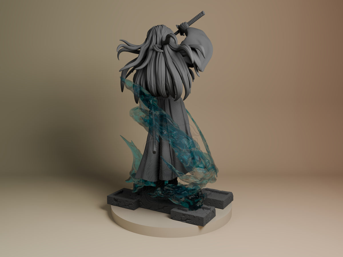 Back view of Tokito from Demon Slayer, unpainted resin figure with sword and sculpted base.