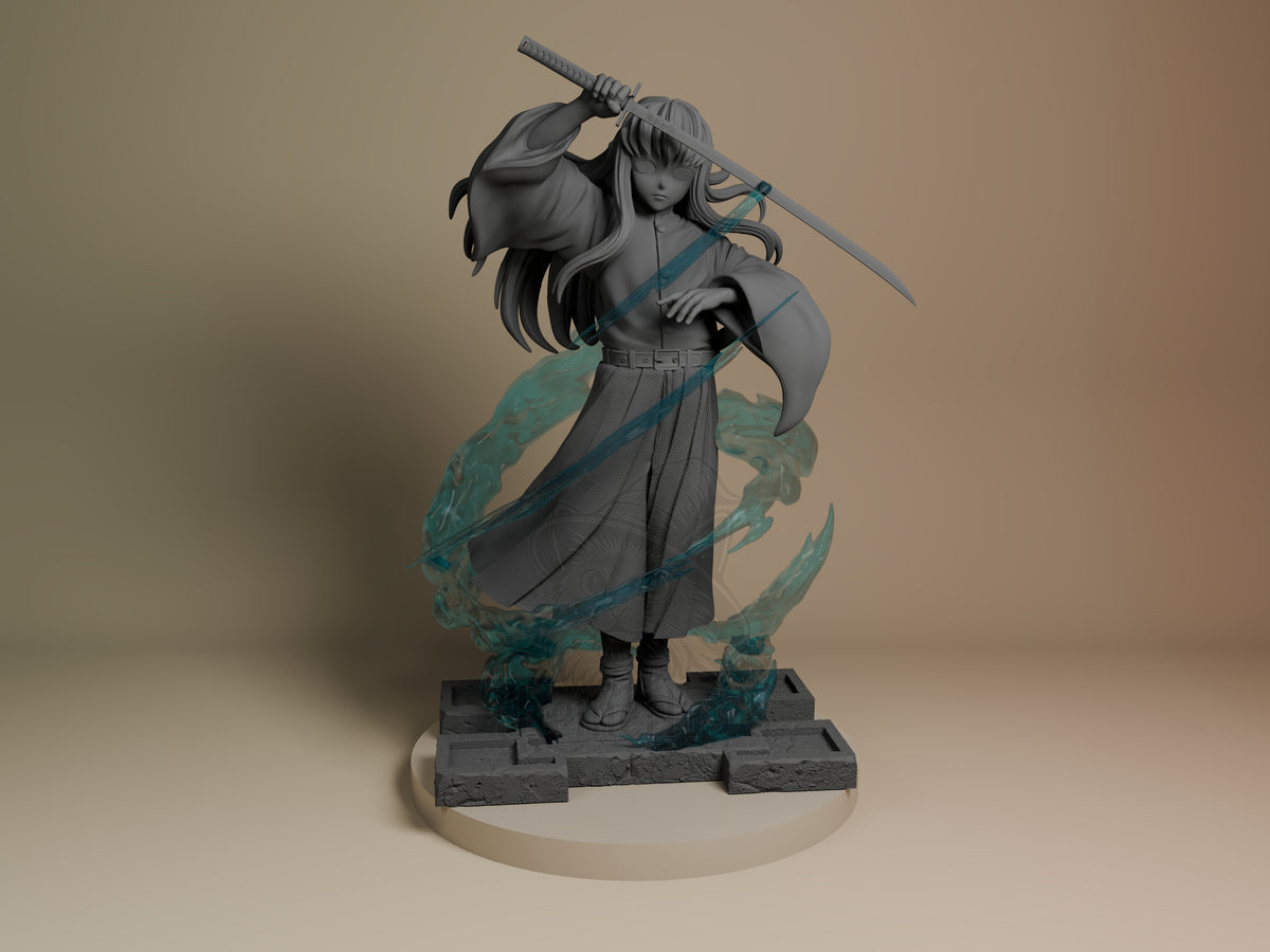 Front view shows Tokito from Demon Slayer as an unpainted resin figure with a raised sword on a sculpted base.