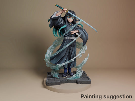 Tokito anime resin figure in dynamic sword pose, black robe with teal accents, cyan hair streaks, painted details on gray stone base with swirling effects.