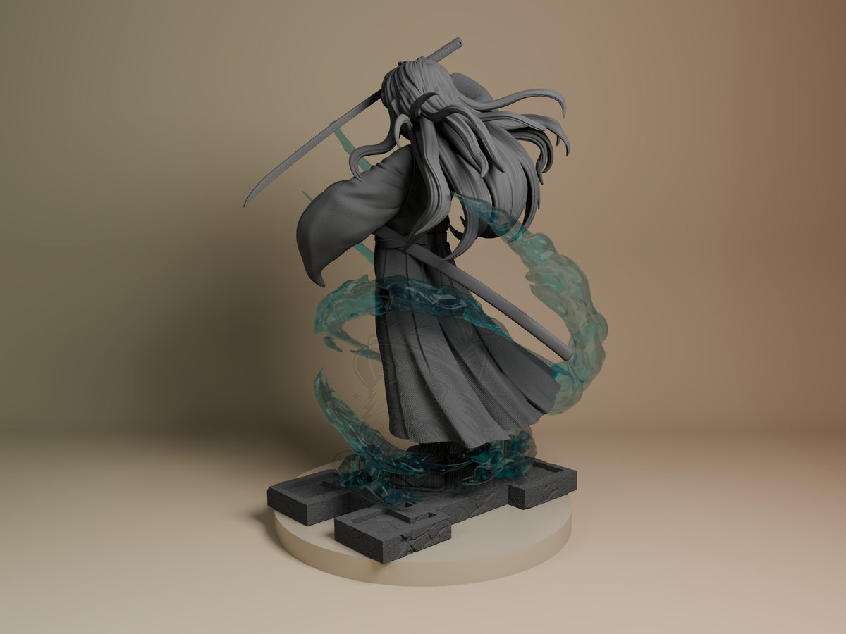 Tokito from Demon Slayer, an unpainted resin figure, faces away with katana, effects, and a sculpted base.