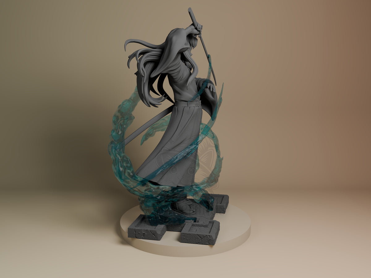 Tokito from Demon Slayer faces right as an unpainted resin figure with sword, teal effects, and sculpted base.