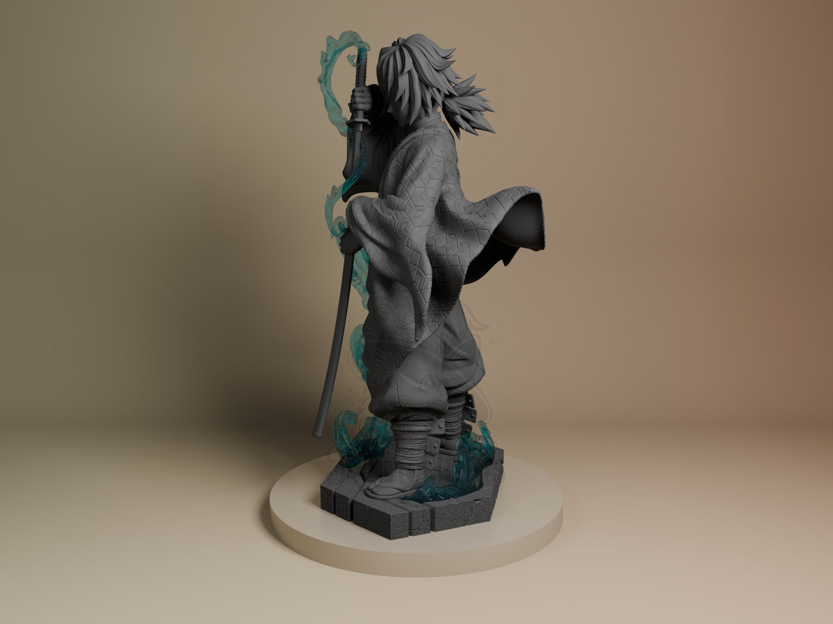 Angled Tomioka from Demon Slayer holds a sword over teal effects as an unpainted resin figure.