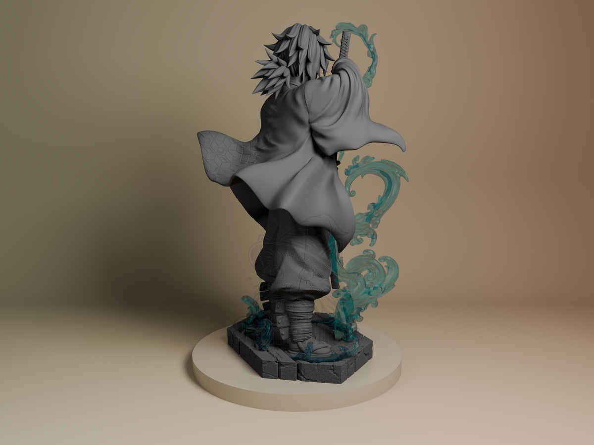 Back view of Tomioka from Demon Slayer, an unpainted resin figure on a sculpted base.