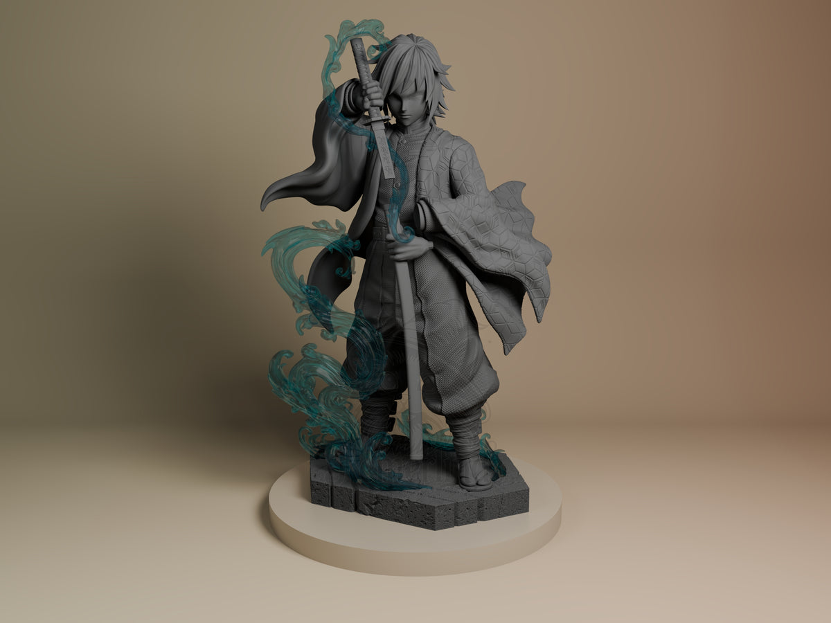 Front Tomioka from Demon Slayer is an unpainted resin figure with raised sword and sculpted base.