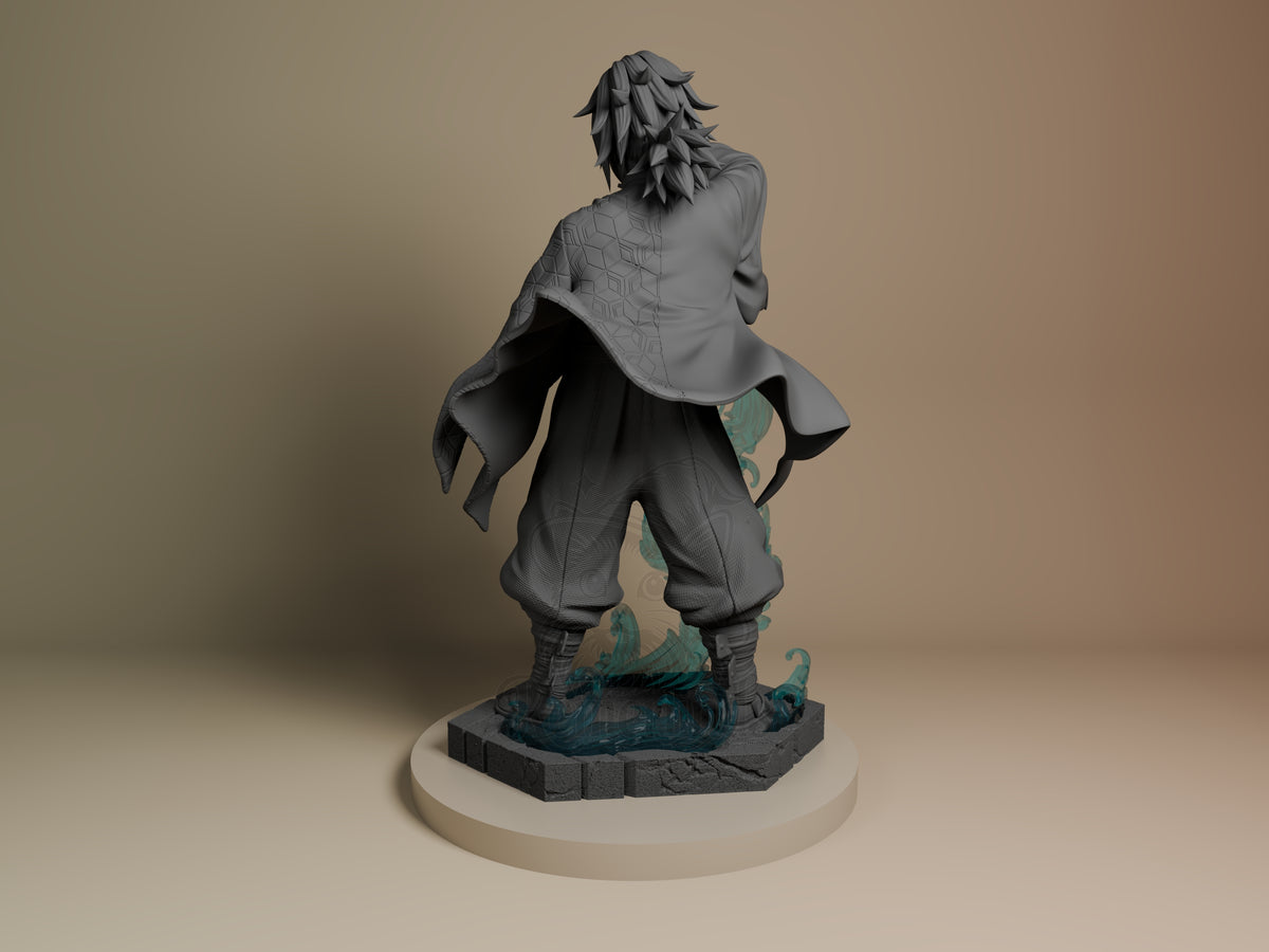 Tomioka from Demon Slayer is shown rear-facing, an unpainted resin figure on a sculpted base.