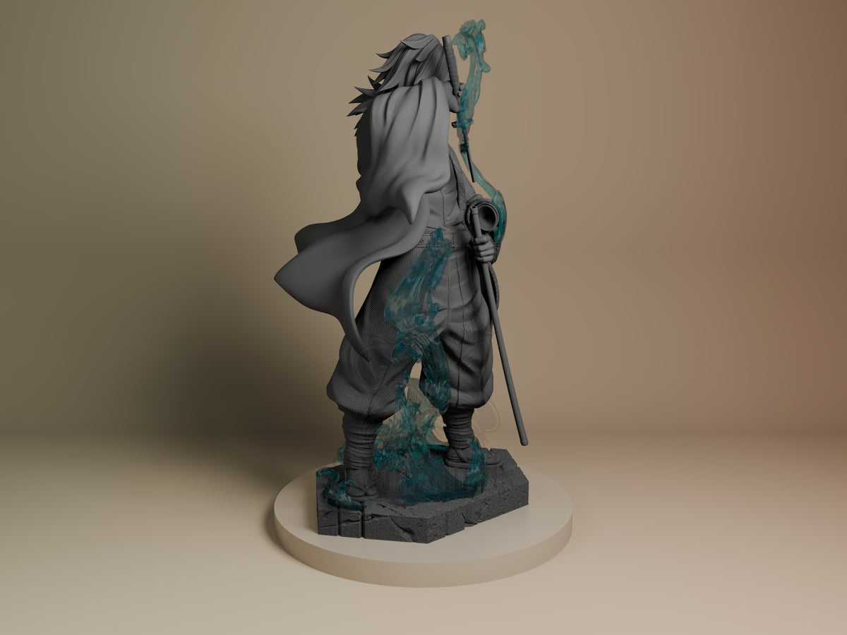 Tomioka from Demon Slayer is an unpainted resin figure viewed right rear, with sword and blue effects on a sculpted base.