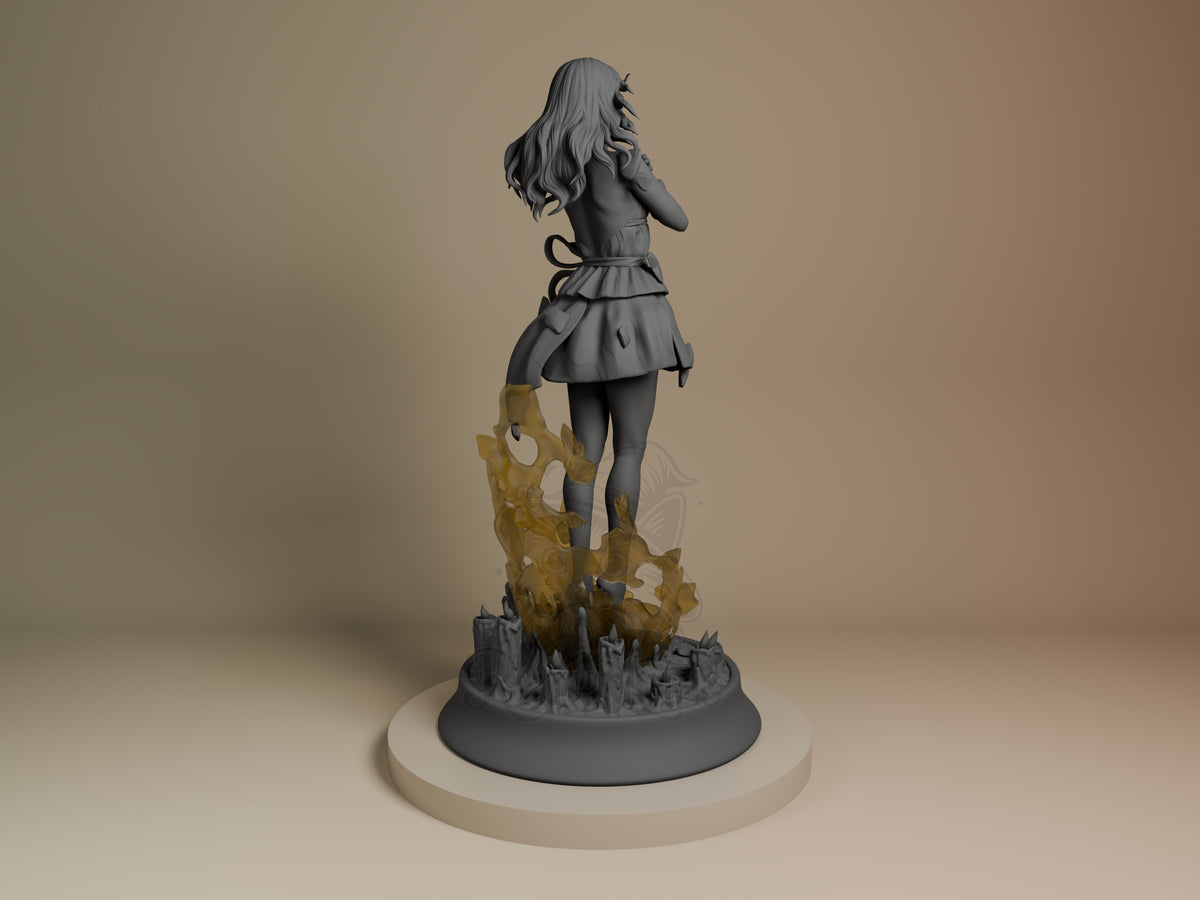 Rear view of Tomorrow resin figure from Death Stranding, showing long wavy hair and dress detail, standing on ornate base with golden crystalline elements.
