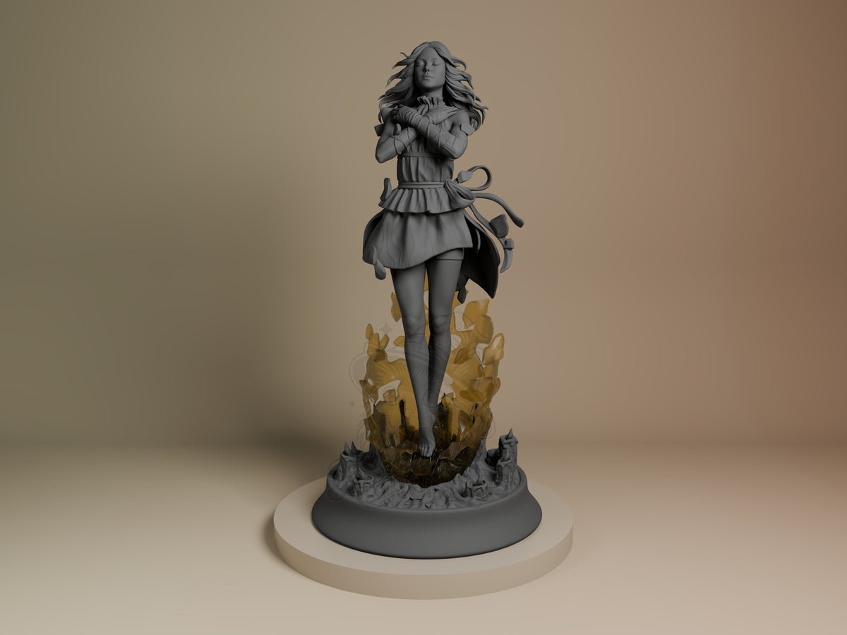 Tomorrow resin figure from Death Stranding shown front-facing on cream base, gray unpainted torso with gold painted flame effects, long wavy hair, arms crossed.