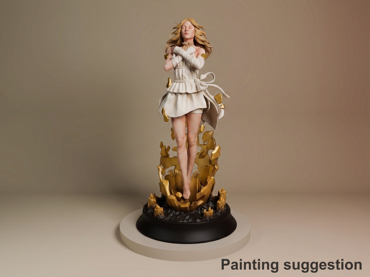 Tomorrow resin figure from Death Stranding, painted in white dress with gold flame base, standing pose on circular platform against neutral background.