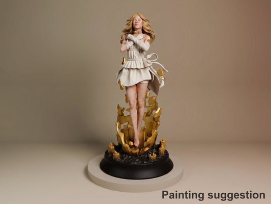 Tomorrow resin figure from Death Stranding, painted in white dress with gold flame base, standing pose on circular platform against neutral background.