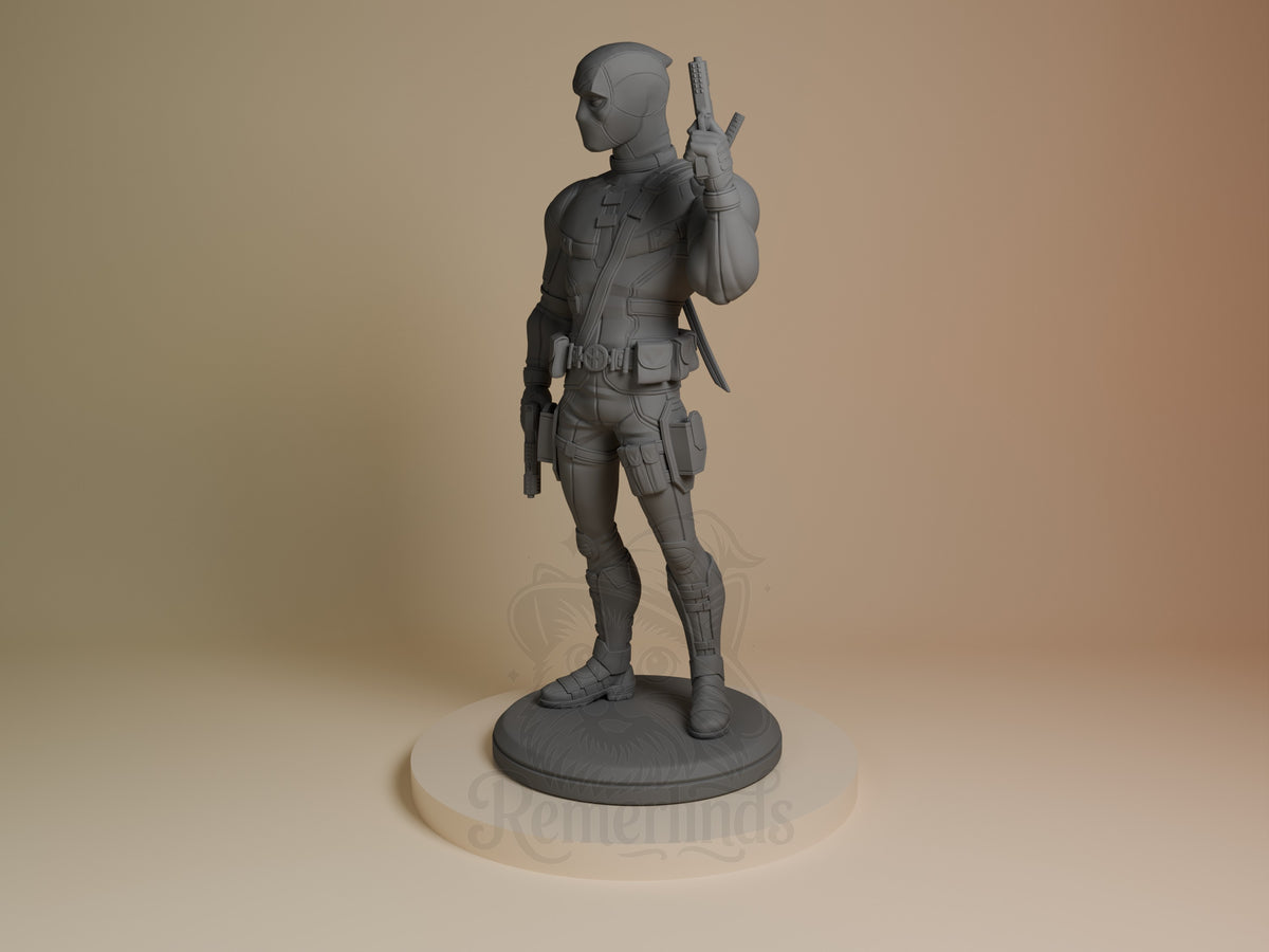 Deadpool resin figure from Antihero Chronicles in three-quarter view, unpainted gray with dual pistols and katana, standing on circular base.