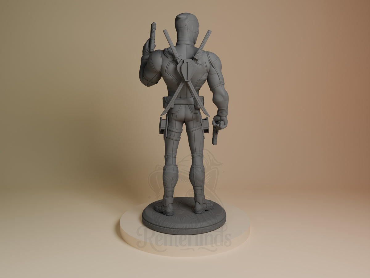 Deadpool resin figure from Antihero Chronicles, back view, standing with swords crossed, unpainted gray finish on round base.