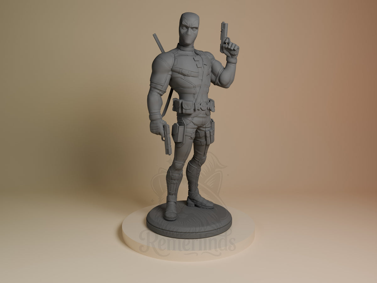 Deadpool resin figure from Antihero Chronicles in unpainted gray, posed standing with dual pistols, displayed front-facing on circular base.