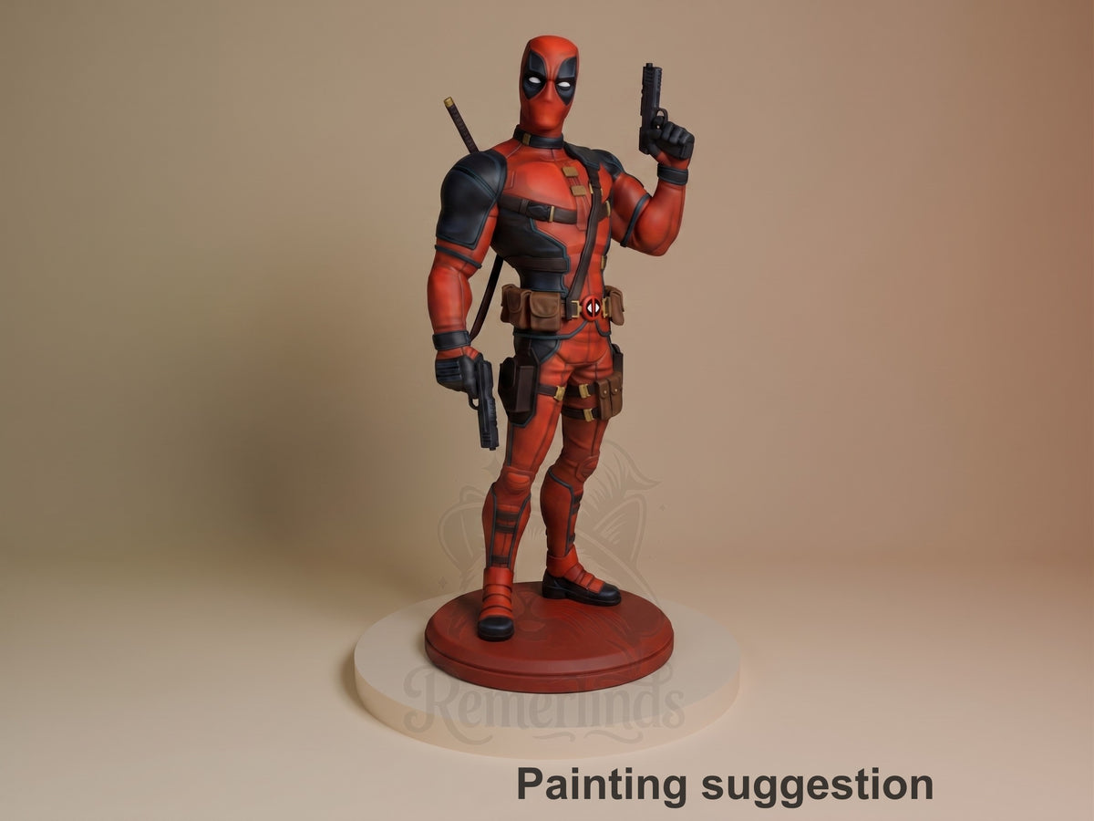 Deadpool resin figure in red and black costume standing on circular base, holding guns, left side profile view with painting suggestion label.