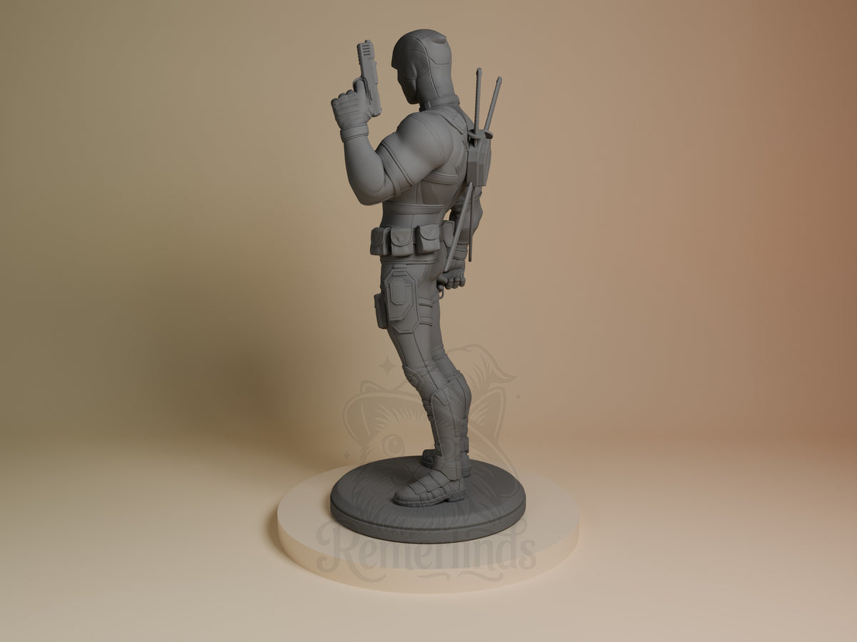Unpainted gray resin figure of Deadpool in dynamic pose holding pistols and katana sword, viewed from left side on circular base.