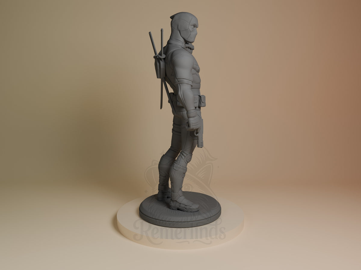 Deadpool resin figure from Antihero Chronicles shown in right profile, standing armed on circular base, unpainted gray finish with detailed armor and weapons.