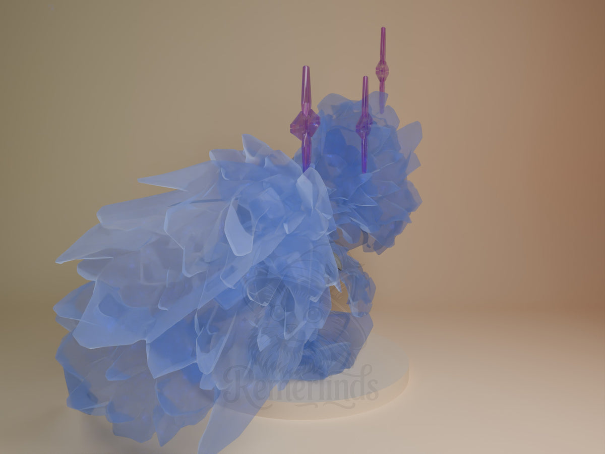 Toshiro resin figure from Bleach shown at angle, displaying translucent blue wings, purple spikes, and detailed base with painted accents.
