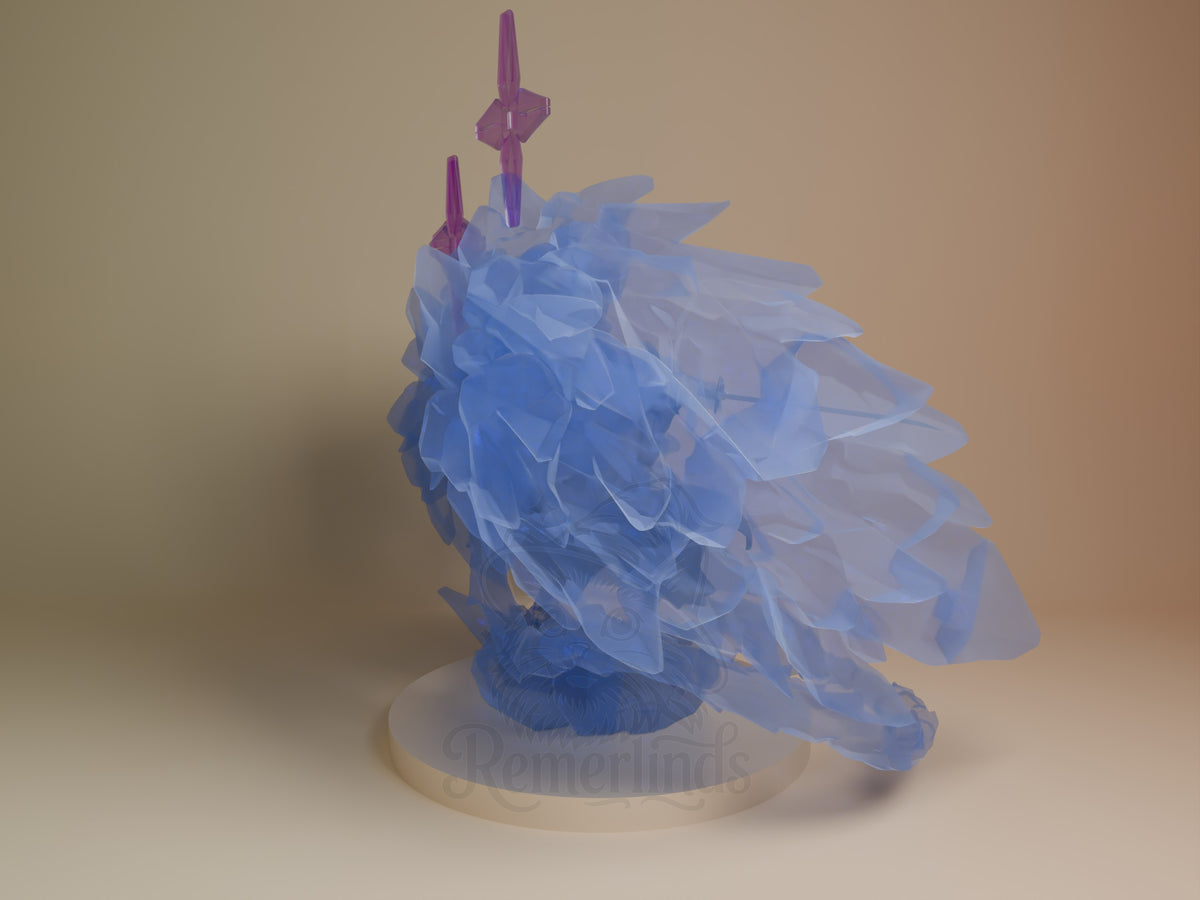 Toshiro resin figure from Bleach shown from back angle, featuring blue translucent layered ice formation with purple sword details, on cream base.