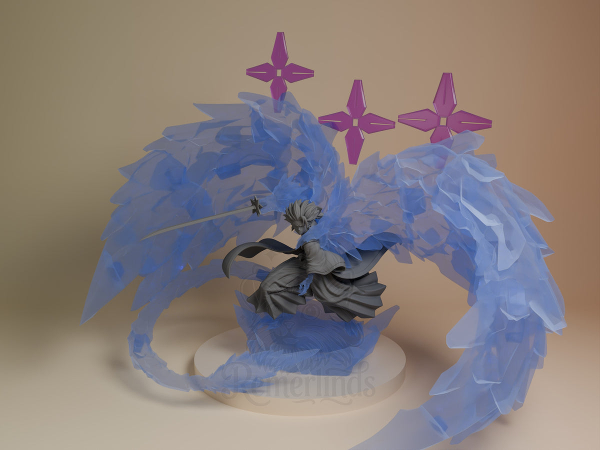 Toshiro Hitsugaya resin figure from Bleach, front view, posed with sword and blue spiritual energy effects, purple crosses above, on round base.