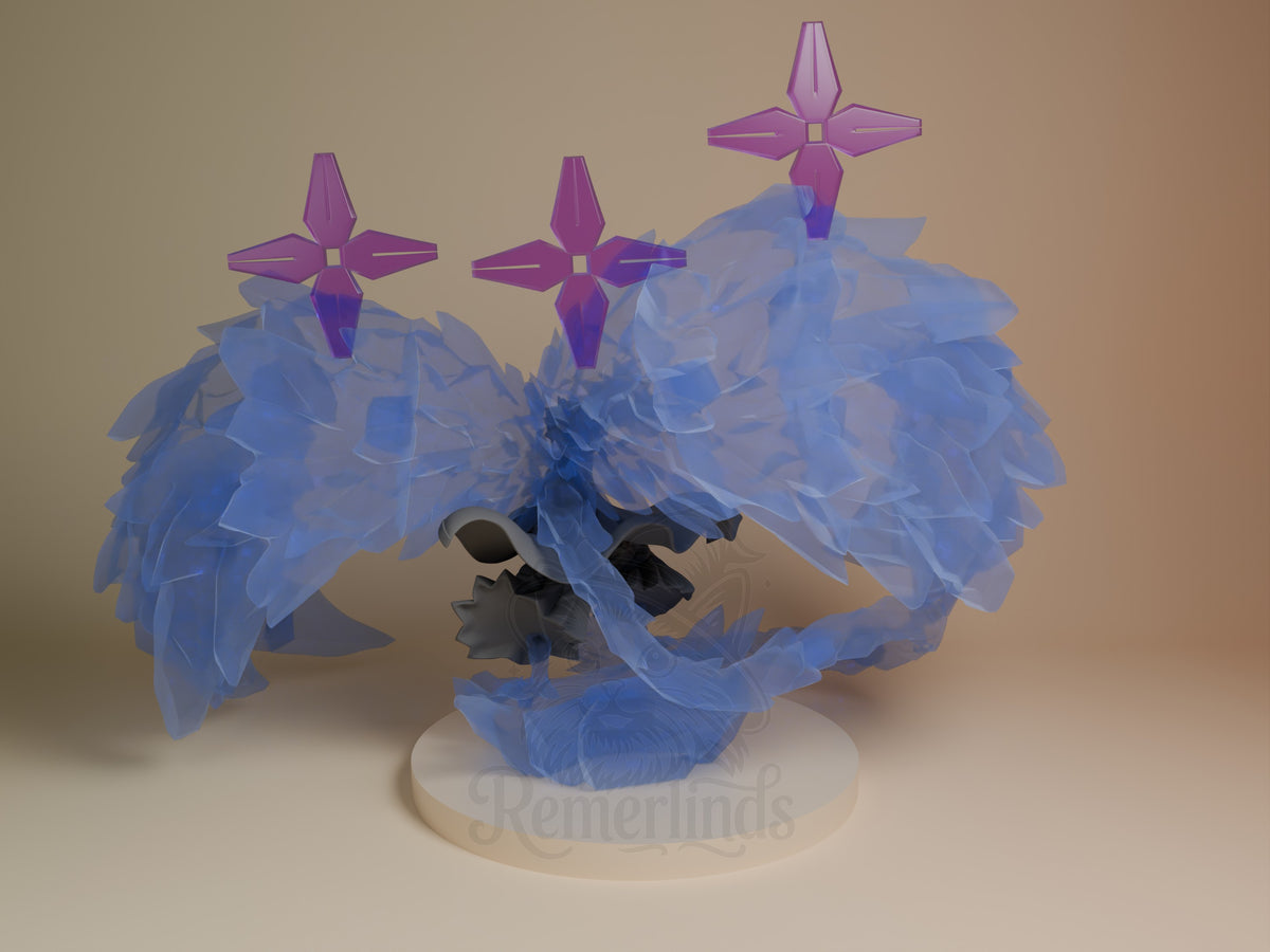 Toshiro resin figure from Bleach shown from left angle, displaying blue winged form with black underside, purple cross ornaments, on cream base.