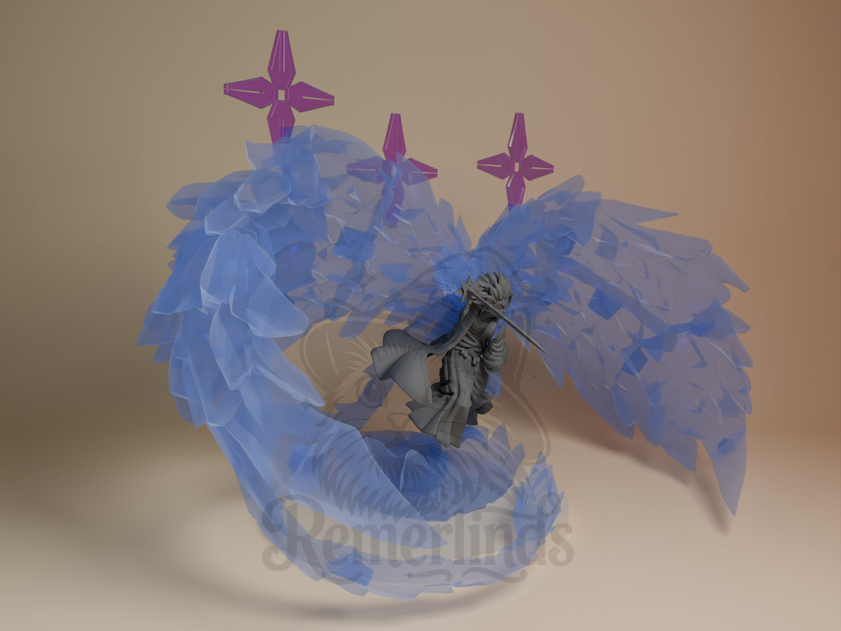 Toshiro resin figure from Bleach shown from the right side, featuring blue translucent wings and three purple crosses on the base, unpainted gray figure with sword.