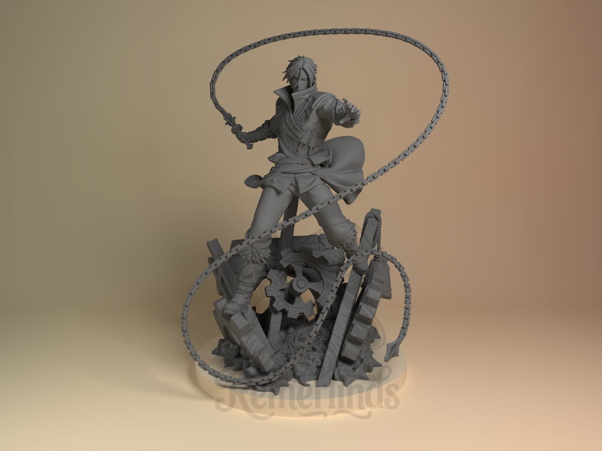 Medieval Vampire Hunter Fortressmania 3D printed resin figure by Nomnom, unpainted front view. The figure depicts a medieval vampire hunter in an action pose, wielding a whip that arcs dramatically around the body. The character wears rugged, detailed attire including a long coat with a high collar and fur-lined boots, standing atop a base cluttered with broken gears and stone debris, emphasizing a dark, industrial fantasy theme.