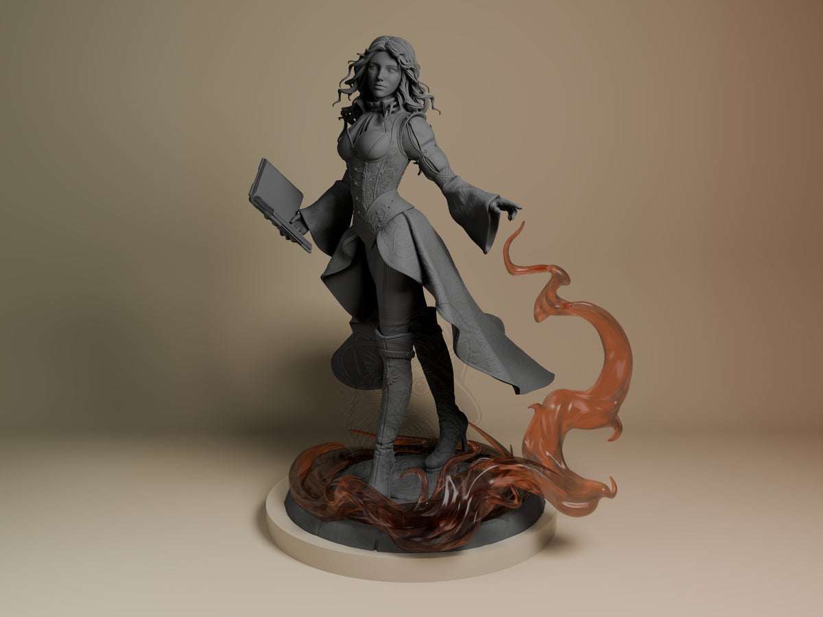 Front three-quarter Triss Merigold from The Witcher resin figure stands unpainted with painted orange effects on a sculpted,.