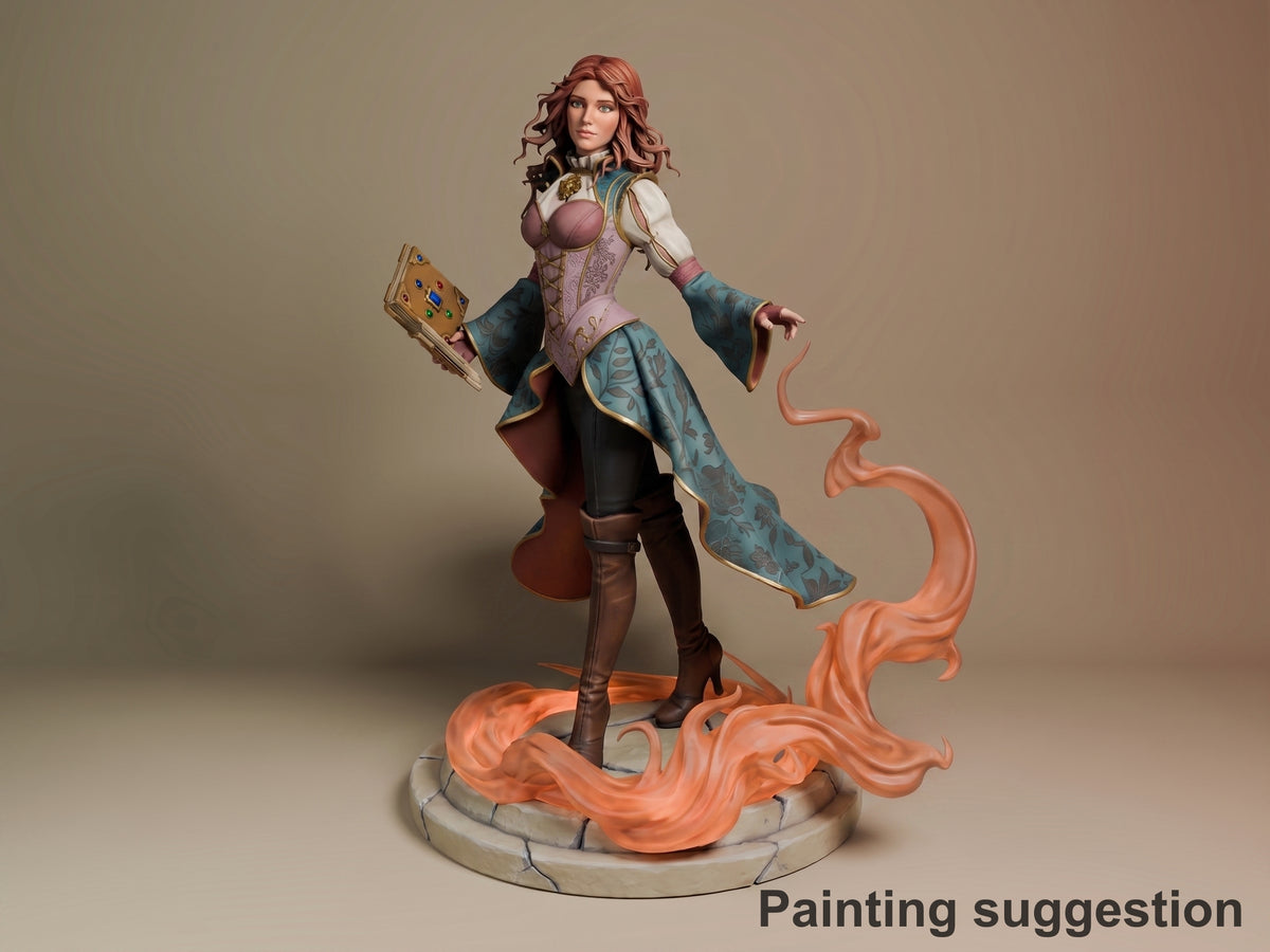 Painted Triss Merigold from The Witcher resin figure stands with a book on a fire-sculpted base.