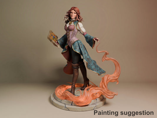 Triss Merigold resin figure in painted form, posed dynamically with flowing orange magical effects on base, holding spell components and wearing pink corset outfit.