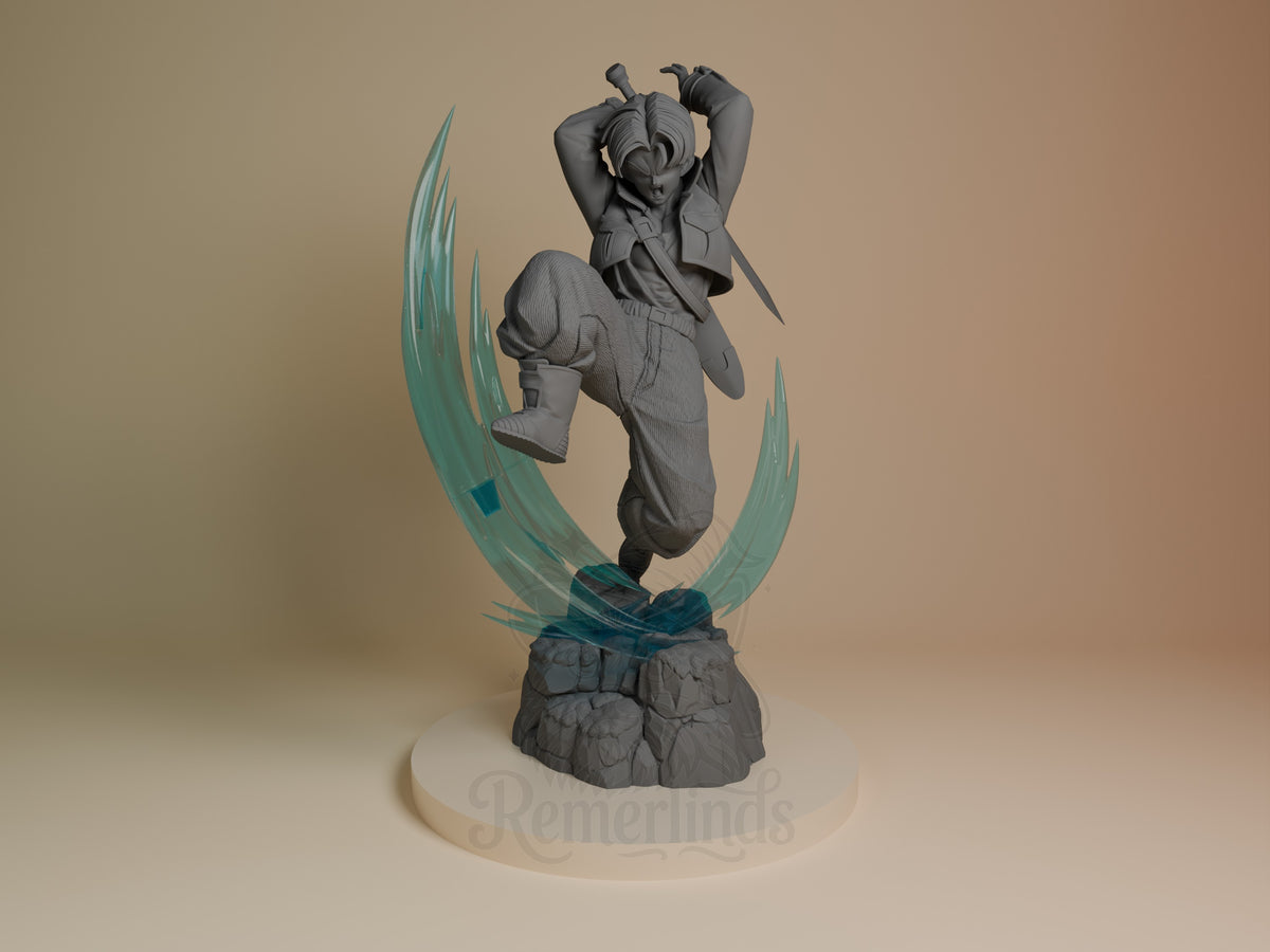 Chrono Swordsman Dragon Sphere Y 3D printed resin figure by Nomnom, unpainted front view. The figure depicts the Chrono Swordsman character from Dragon Ball Z in a dramatic combat-ready stance. The character balances on one foot on a rocky base while holding a sword poised to strike, surrounded by stylized blue energy waves enhancing the dynamic and powerful composition.