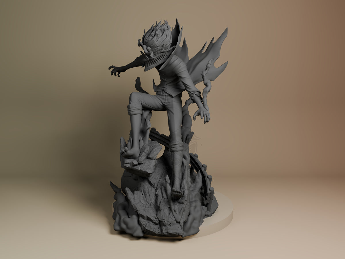 Angled unpainted Turbo Okarun resin figure from Dandadan crouches, cape flared on sculpted base.