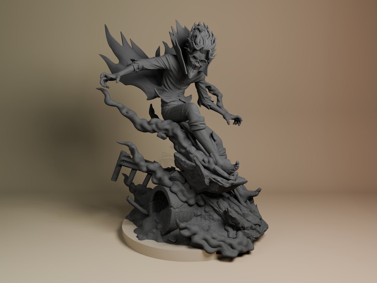 Front view of unpainted Turbo Okarun resin figure from Dandadan, lunging over a sculpted base.