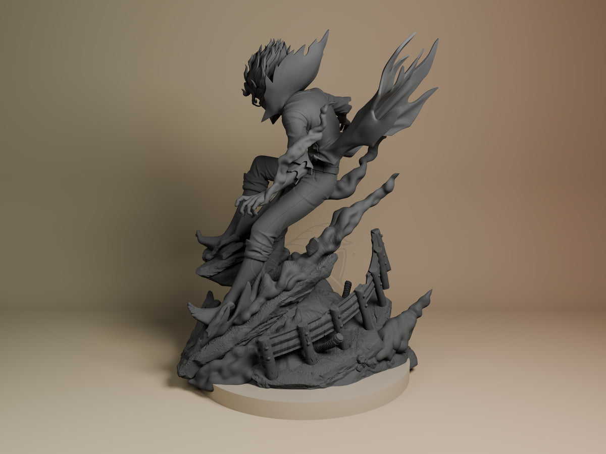 Turbo Okarun from Dandadan leaps forward as an unpainted resin figure on a sculpted base.
