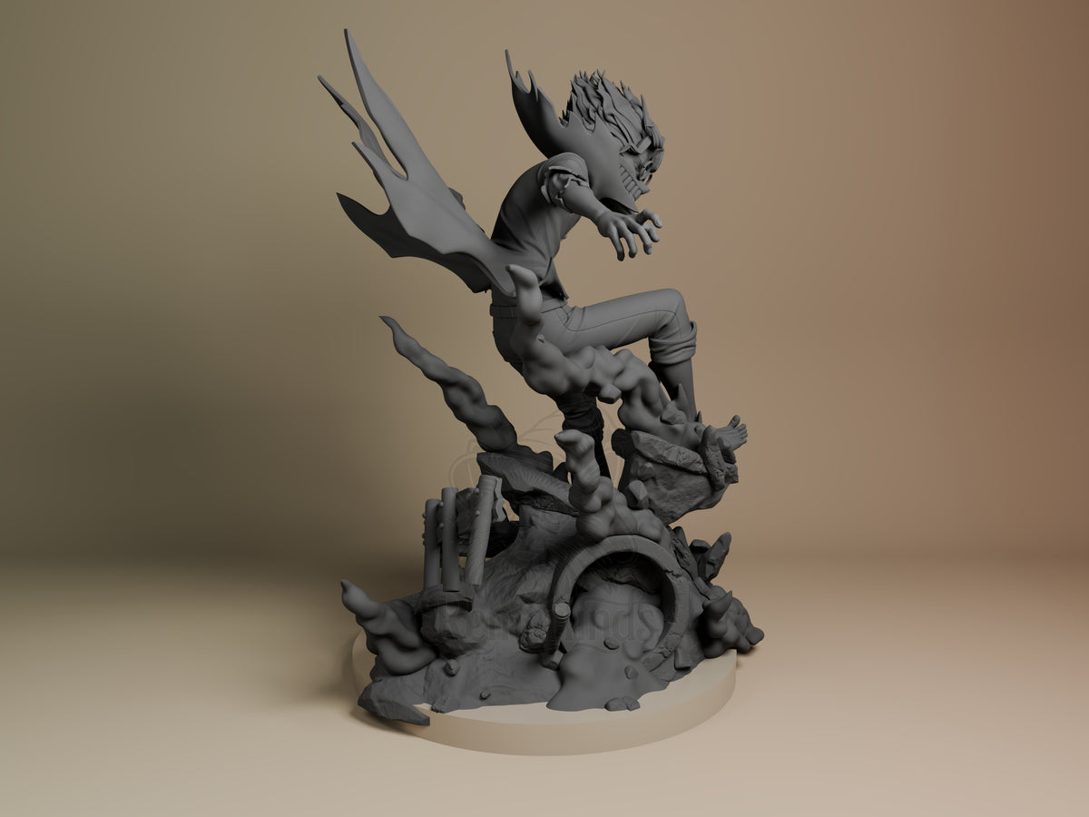 Right view of Turbo Okarun from Dandadan, unpainted resin figure leaping over a sculpted base.