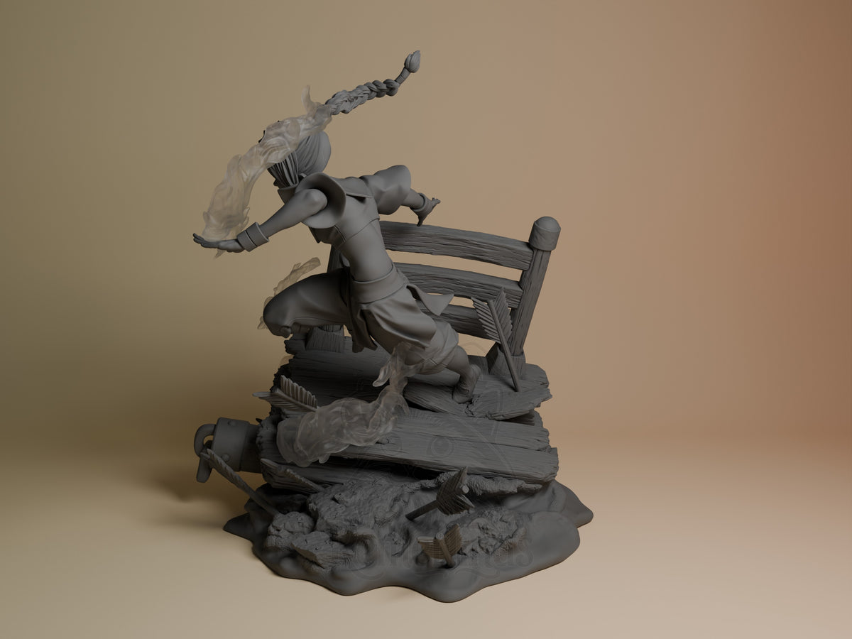 Ty Lee from The Last Windshaper is an unpainted resin figure, angled with arms extended on a base.