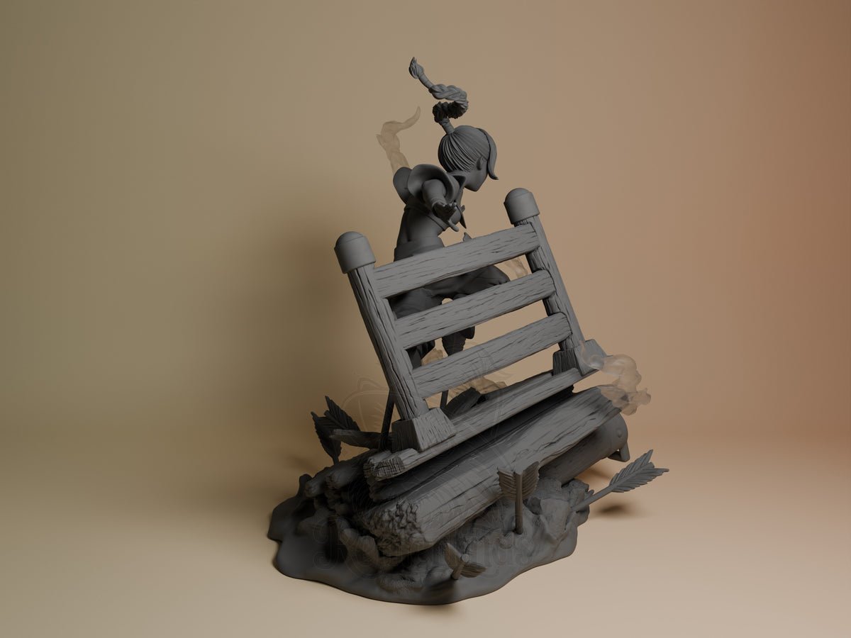 Back view shows Ty Lee from The Last Windshaper crouching behind a rail on an unpainted resin figure with a sculpted raft.