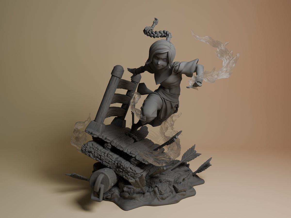 Ty Lee from The Last Windshaper, unpainted resin figure, leaps beside a ladder on a raft base.