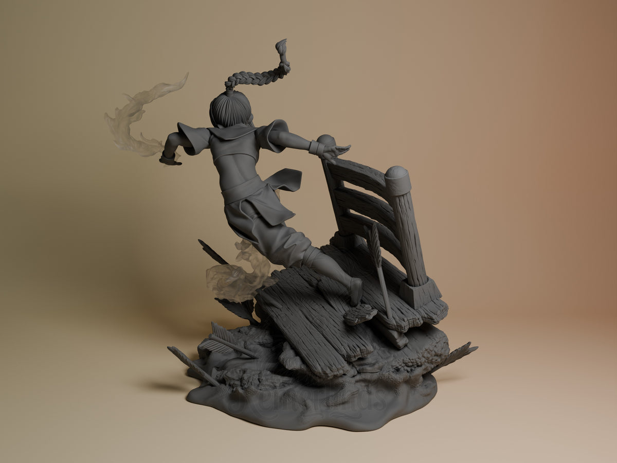Ty Lee from The Last Windshaper is an unpainted resin figure viewed from a rear angle on a raft base.