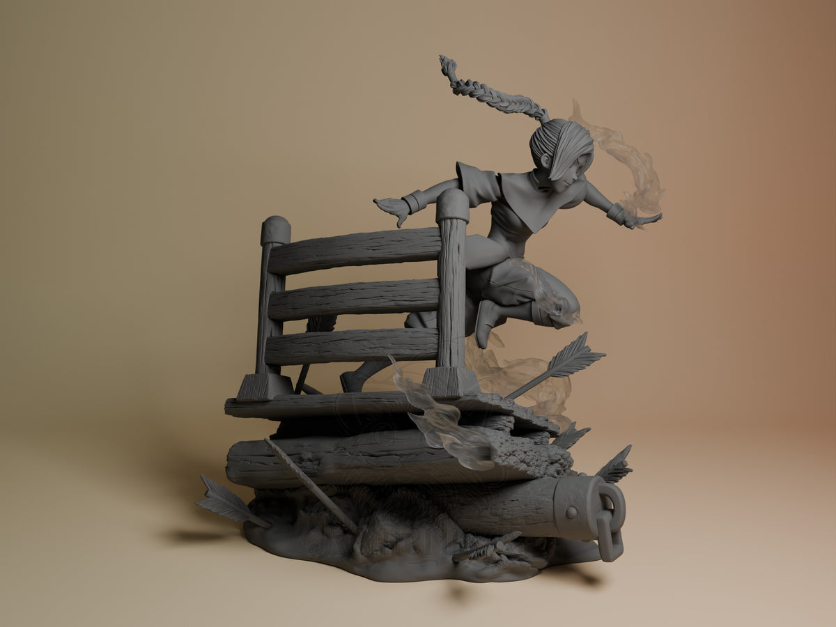 Ty Lee from The Last Windshaper crouches on a raft base as an unpainted resin figure.