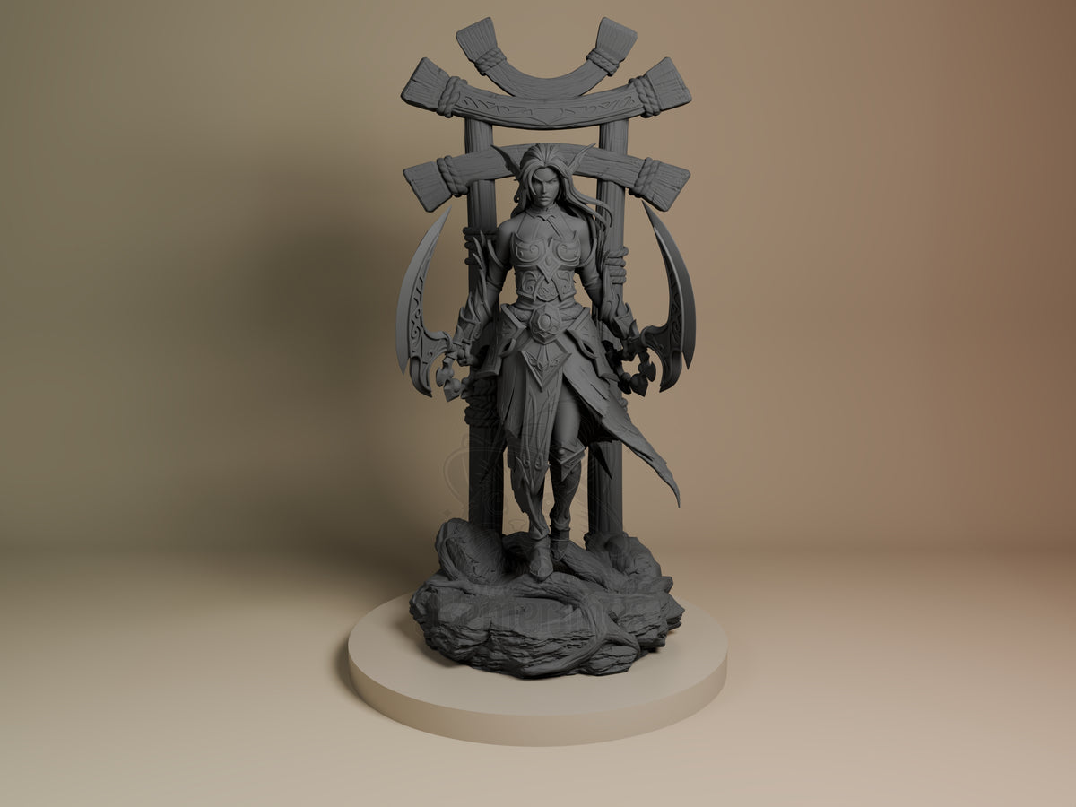 Tyrande World of War Realms 3D printed resin figure by Nomnom, unpainted front view. This resin miniature figure depicts Tyrande standing confidently on a rocky base, holding two large curved blades, with an intricate back structure that resembles crossed weapon handles or stakes. The character features detailed armor, a flowing hairstyle, and ornate decorations on both the blades and her armor, showcasing a dynamic and powerful stance typical of a heroic figure from World of Warcraft.