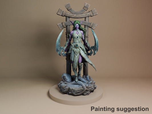 Front-facing painted Tyrande resin figure from World of Warcraft stands with twin glaives on a rocky base.